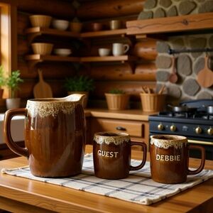 MCM Van Briggle Art Pottery Brown Drip Pitcher & 2 Mugs Set Debbie Guest Signed